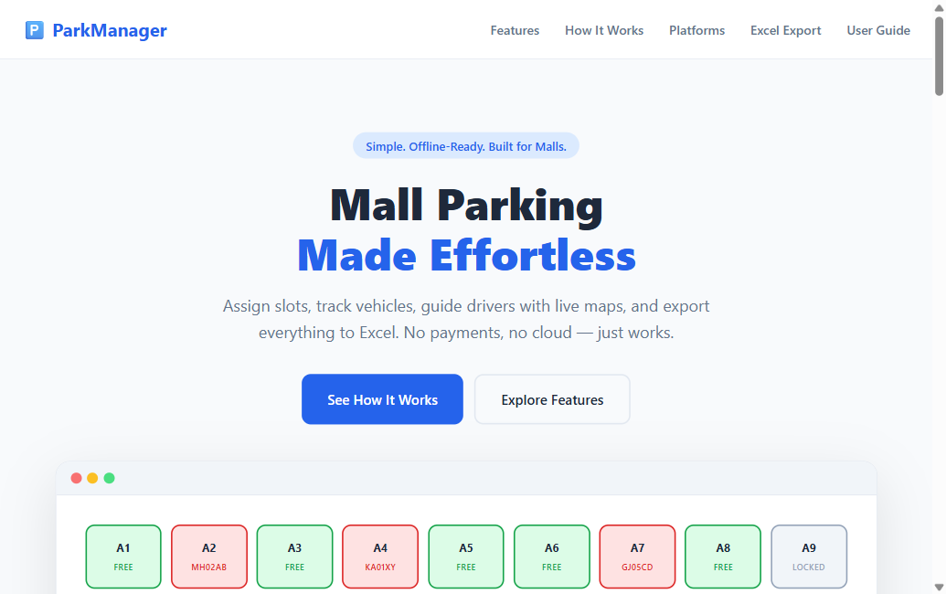 ParkManager smart parking SaaS with real-time slot maps and vehicle tracking