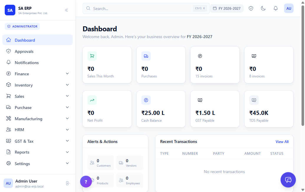 SA ERP enterprise resource planning dashboard with finance, inventory, sales and GST modules